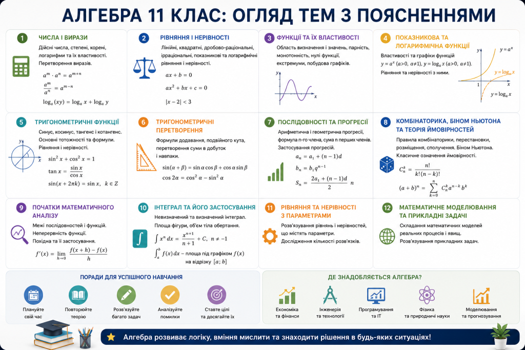 Інфографіка з основними темами алгебри за 11 клас: рівняння, функції, тригонометрія, прогресії, інтеграли та ймовірність