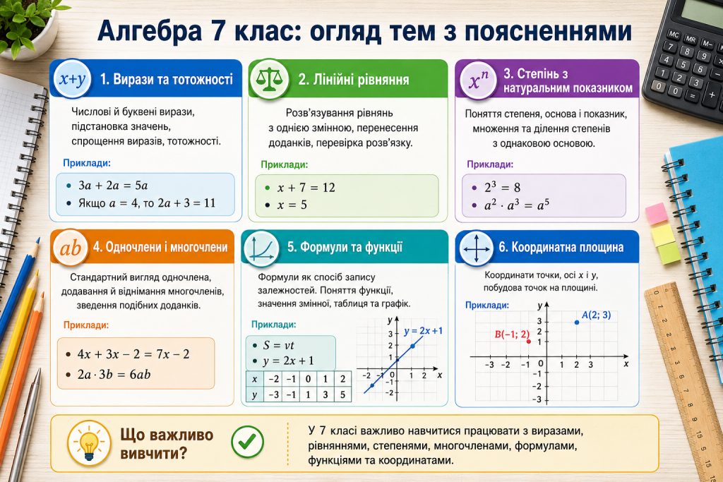 Основні теми з алгебри за 7 клас із формулами, рівняннями та прикладами