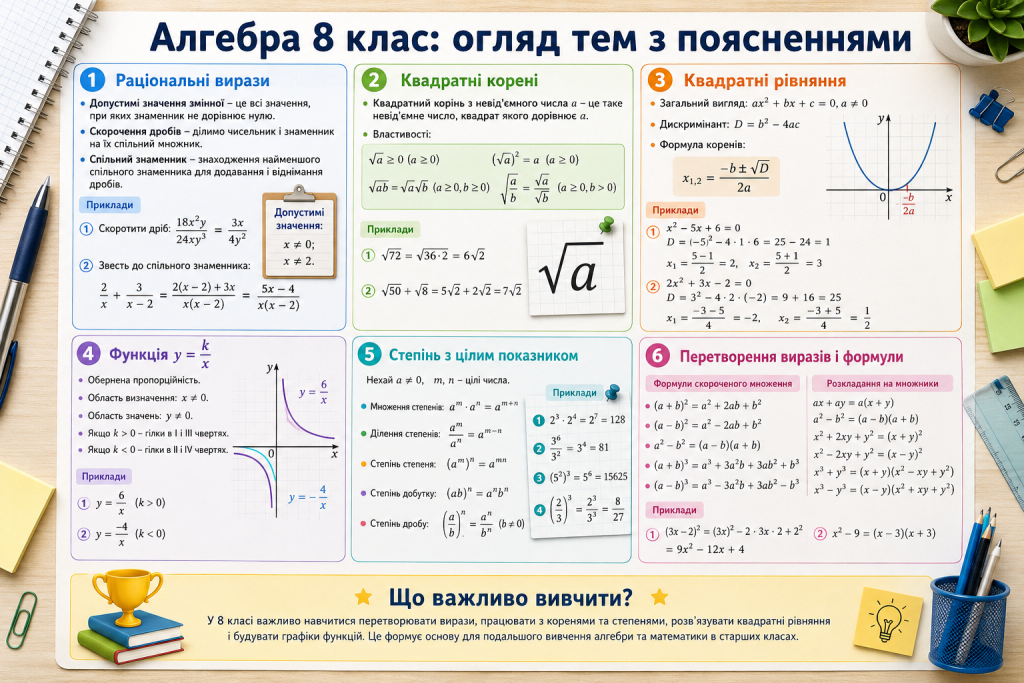 Основні теми алгебри за 8 клас із формулами, графіками та прикладами