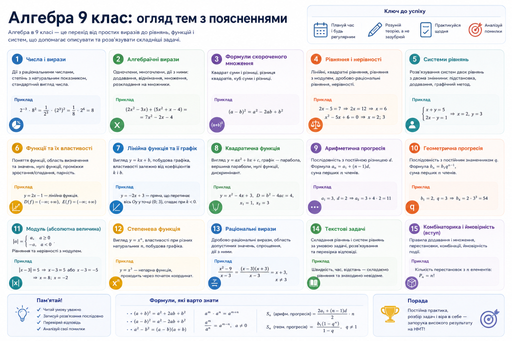 Основні теми алгебри за 9 клас із формулами, функціями, рівняннями та прикладами
