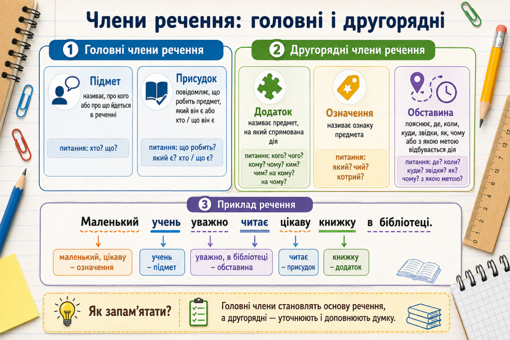 Схема головних і другорядних членів речення з поясненнями та прикладами