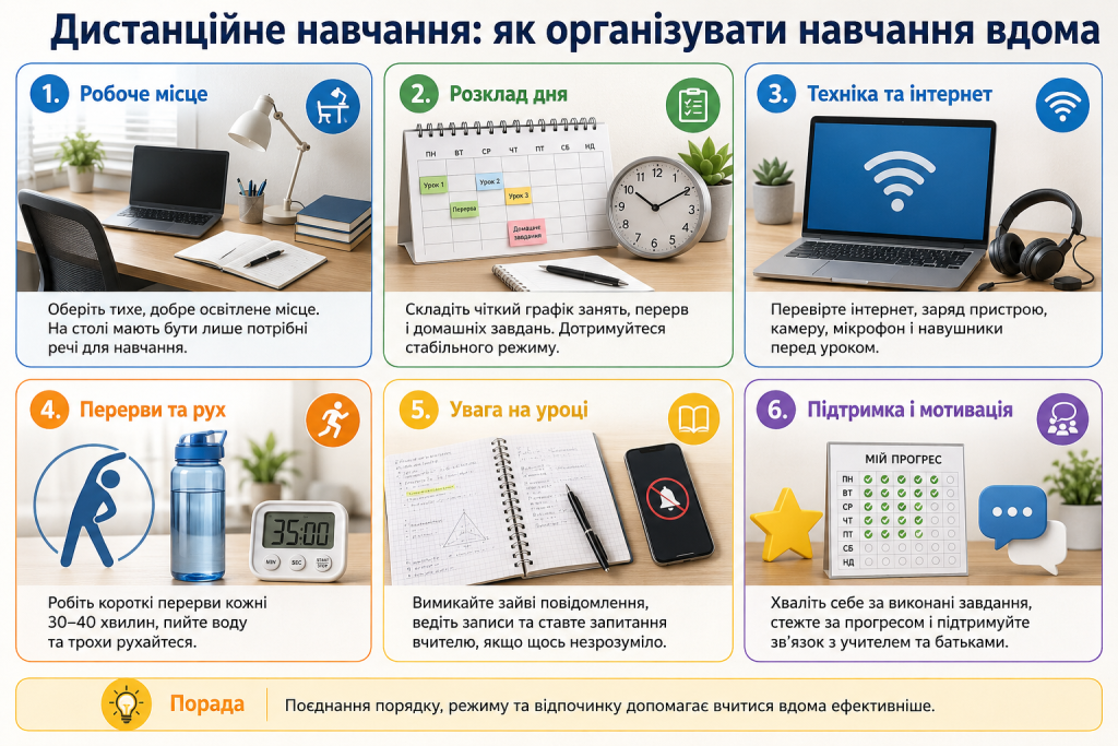 Поради щодо організації дистанційного навчання школярів у домашніх умовах