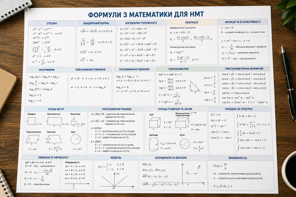 Основні формули з алгебри, геометрії та тригонометрії для підготовки до НМТ
