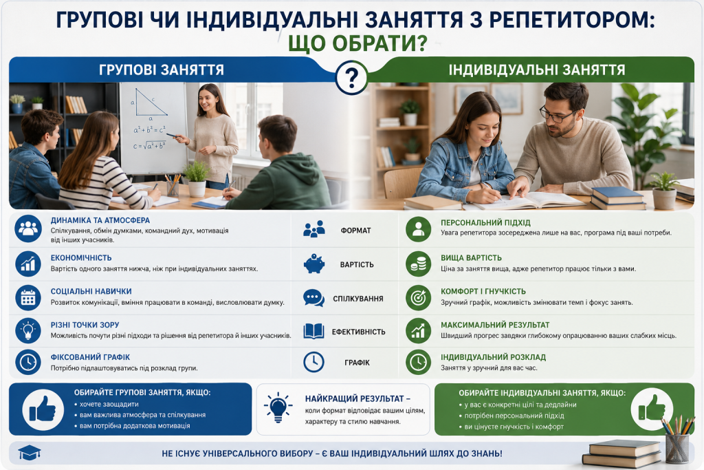 Інфографіка з порівнянням групових та індивідуальних занять із репетитором за вартістю, форматом, графіком і ефективністю