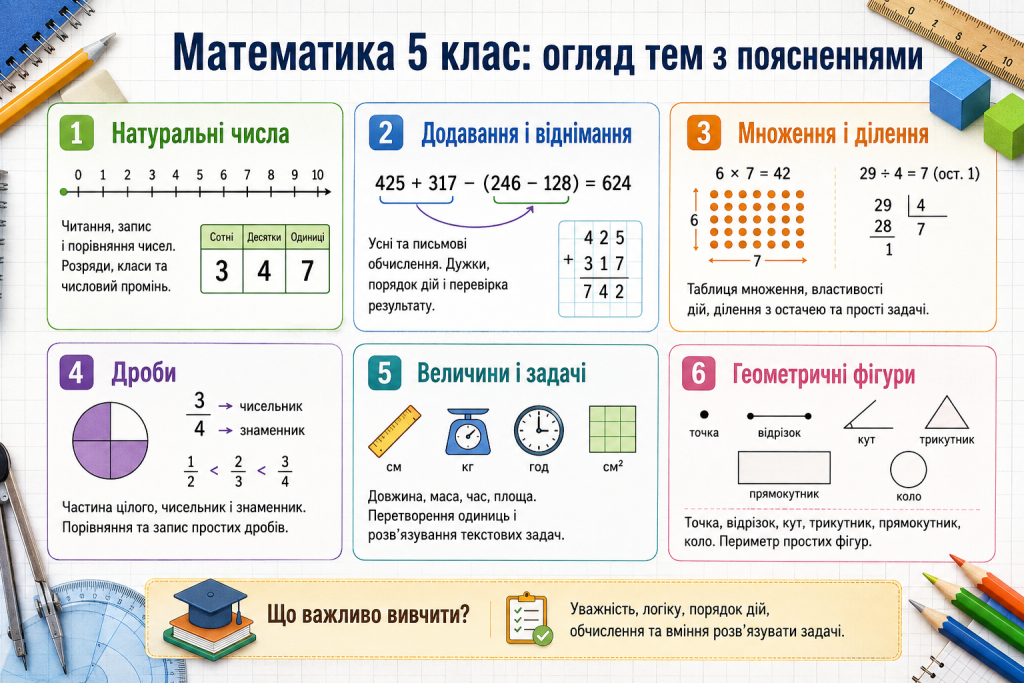 Основні теми з математики для 5 класу з прикладами та поясненнями