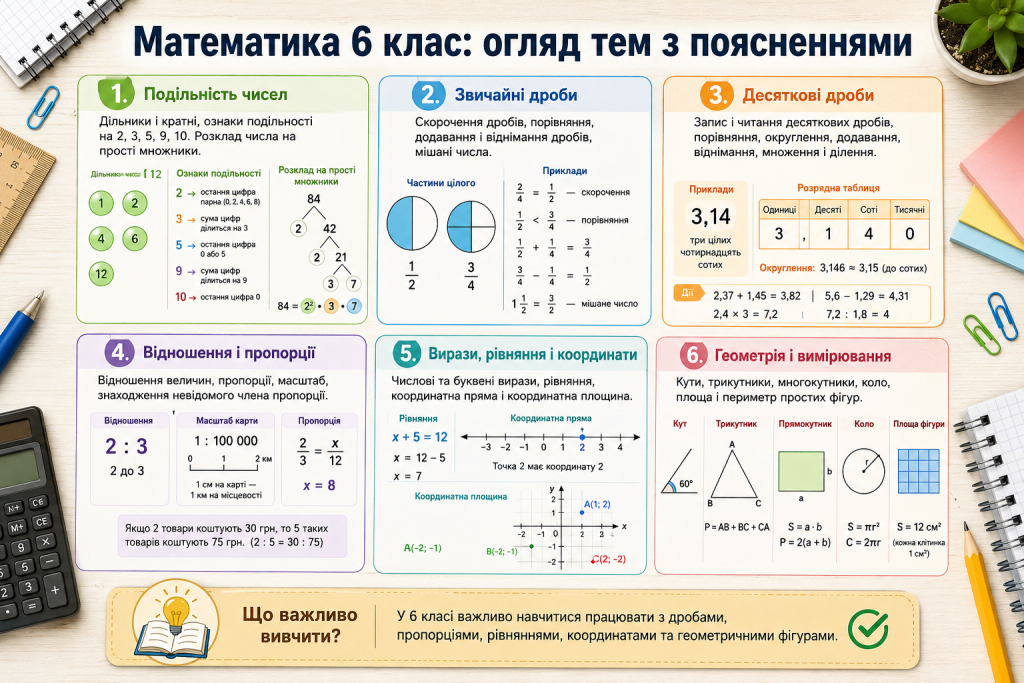 Основні теми математики 6 класу з дробами, рівняннями, пропорціями та геометрією