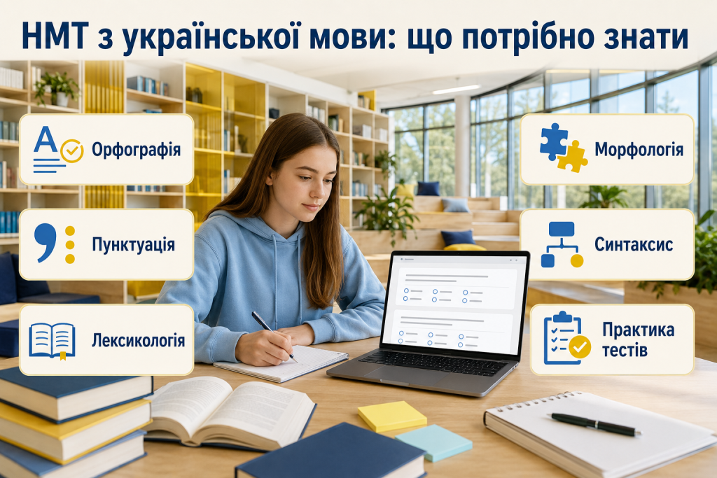 Інфографіка про підготовку до НМТ з української мови з орфографією, пунктуацією, лексикологією, морфологією та синтаксисом