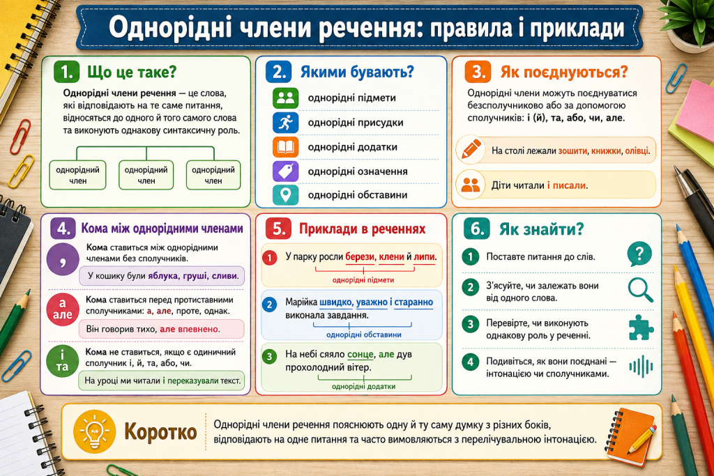 Правила вживання однорідних членів речення з прикладами та поясненнями