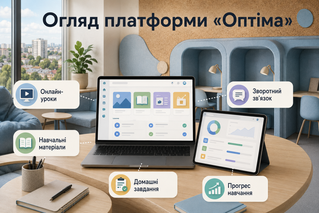 Інфографіка про платформу «Оптіма» з онлайн-уроками, навчальними матеріалами, домашніми завданнями, зворотним зв’язком і прогресом навчання