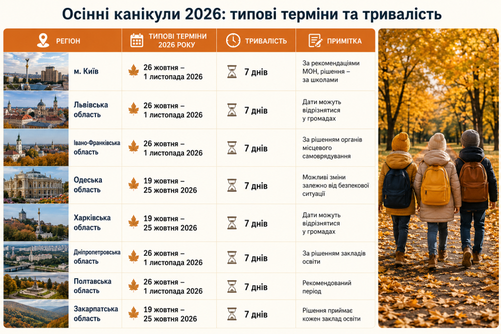 Типові дати осінніх канікул 2026 року в різних регіонах України