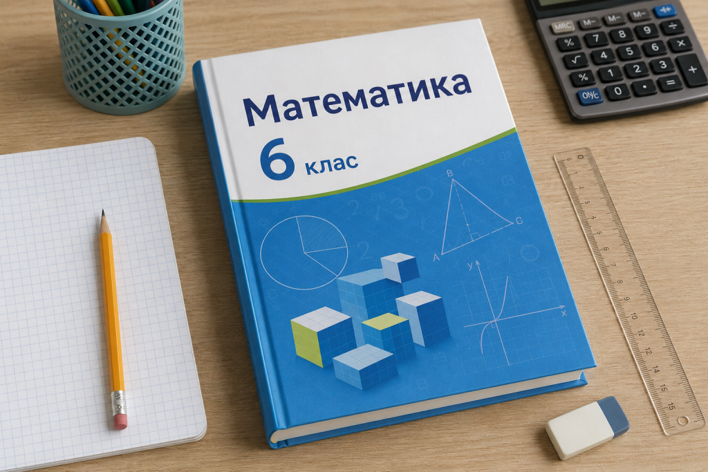 Математика 6 клас: усі теми курсу з поясненням Підручник з математики 6 класу з геометричними фігурами та графіками на обкладинці