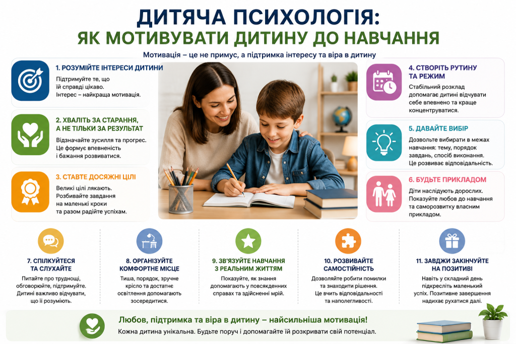 Інфографіка з порадами з дитячої психології про мотивацію до навчання, підтримку інтересу, режим і самостійність дитини