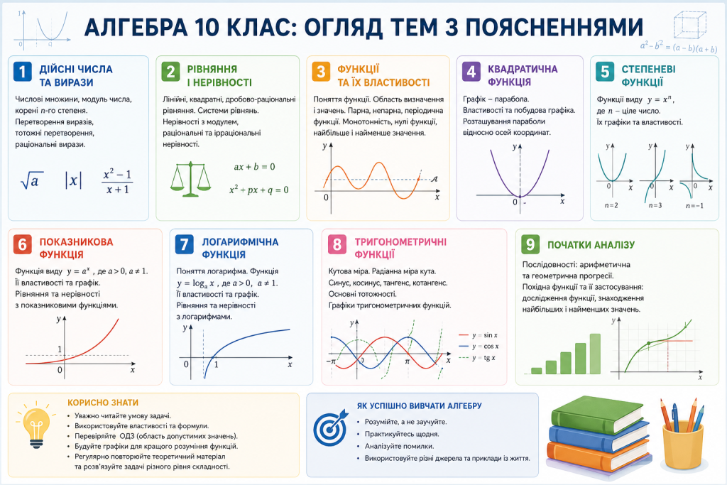 Навчальна таблиця з основними темами програми алгебри для 10 класу, формулами та розділами курсу