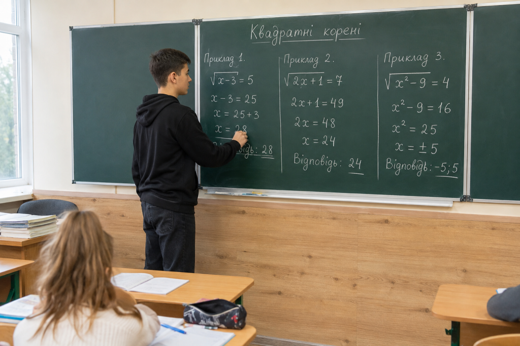 Алгебра 8 клас: усі теми курсу з поясненням Учень біля шкільної дошки розв’язує приклади з квадратними коренями
