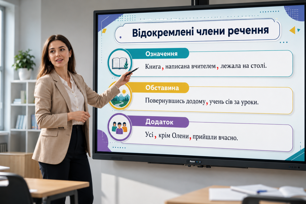 Відокремлені члени речення: коми та приклади Урок української мови з поясненням правил відокремлення членів речення