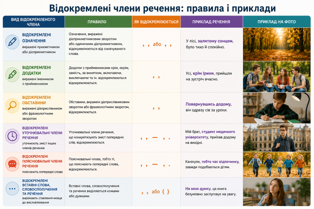 Таблиця з правилами та прикладами відокремлених членів речення в українській мові