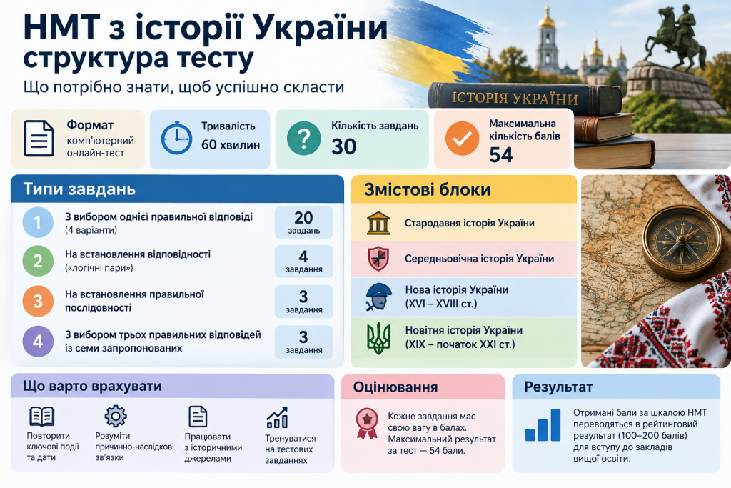 Інфографіка про структуру НМТ з історії України, кількість завдань, тривалість тесту, типи запитань і основні тематичні блоки.