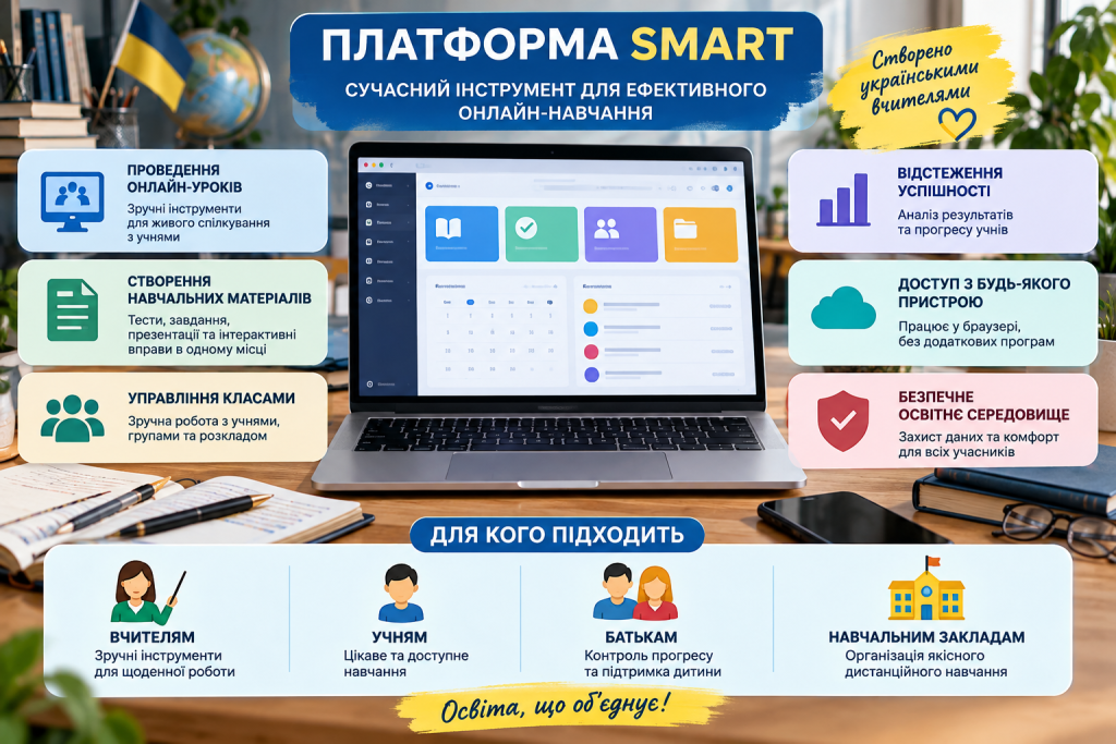 Інфографіка про освітню платформу SMART, проведення онлайн-уроків, створення матеріалів, управління класами та контроль успішності