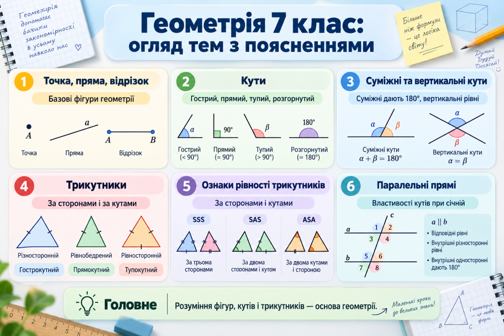 Інфографіка з основними темами геометрії 7 класу — точки, прямі, кути, трикутники, ознаки рівності та паралельні прямі