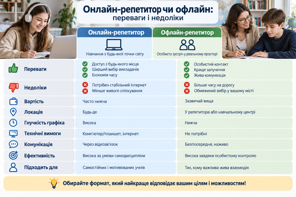 Порівняльна інфографіка про онлайн- та офлайн-репетиторство, вартість, гнучкість графіка, комунікацію, технічні вимоги та ефективність навчання.