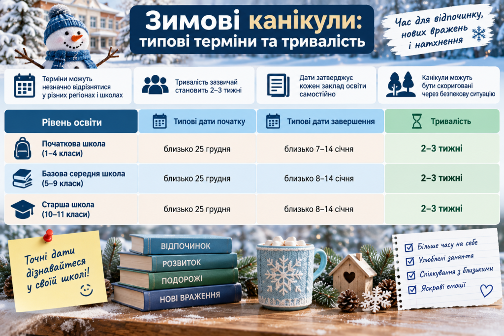 Інфографіка про типові терміни зимових канікул у школах, дати початку й завершення та тривалість відпочинку учнів.