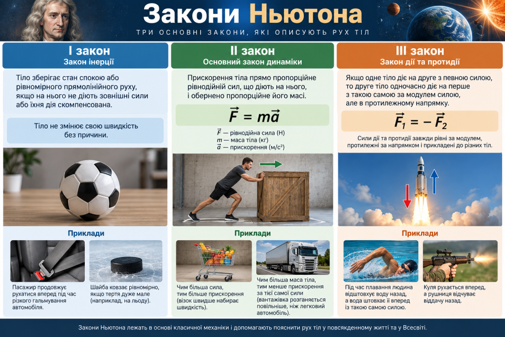 Інфографіка про перший, другий і третій закони Ньютона з формулами та наочними прикладами руху, сили й прискорення.